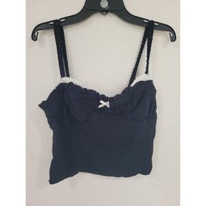 Sienna Sky Black Smocked Crop Top Lace Trim Bow Detail Sweetheart Neck Medium #3